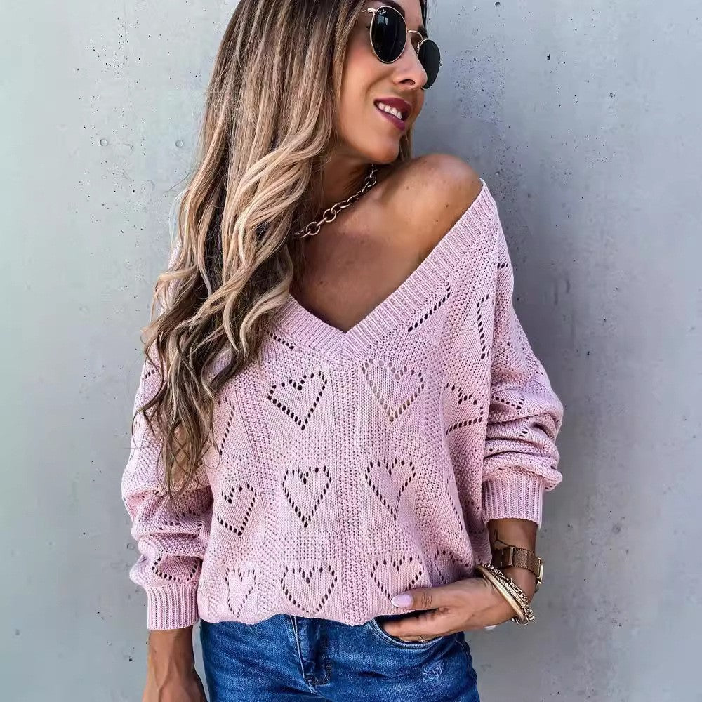 Women's V Neck Heart Hollow Sweater Casual Pullover