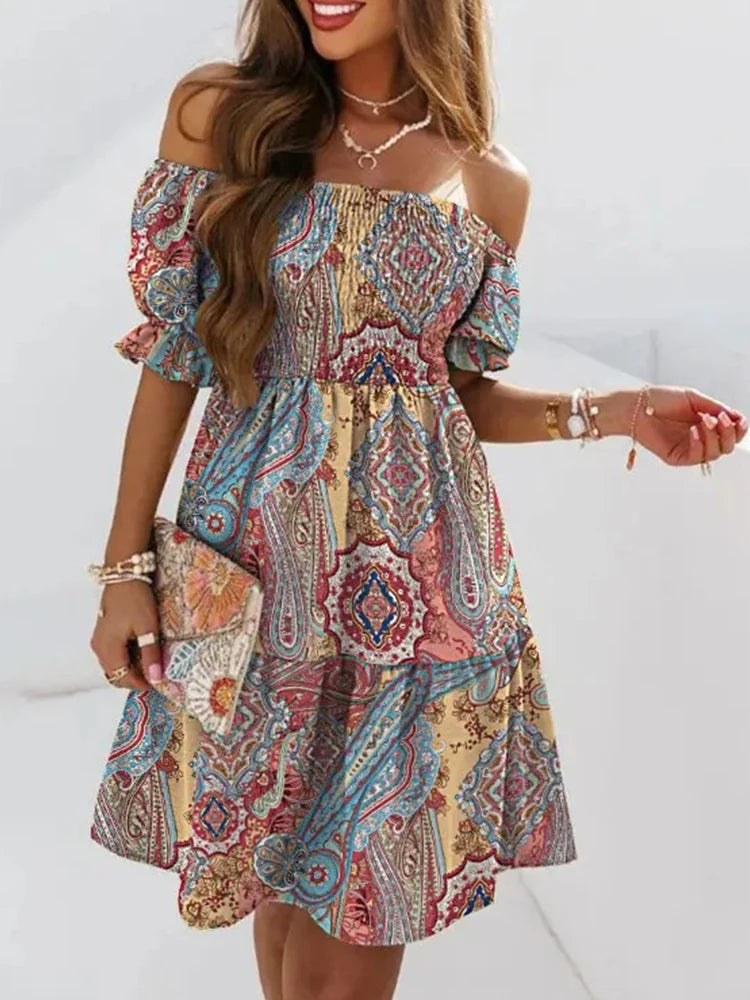 Women's Ruffle Chiffon Dress-Off-Shoulder