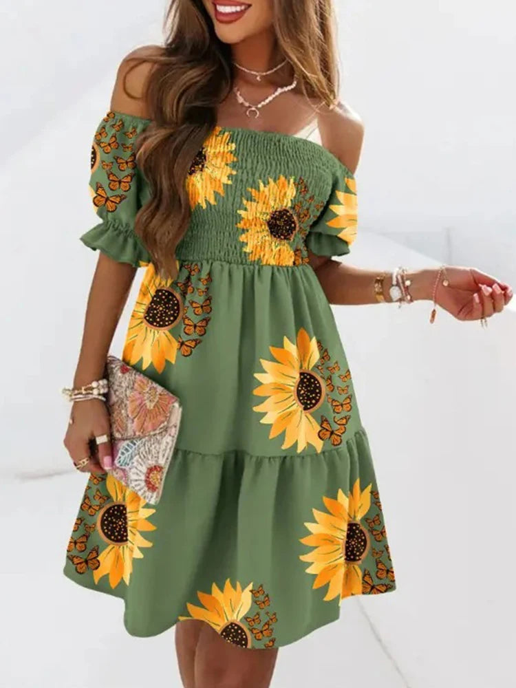 Women's Ruffle Chiffon Dress-Off-Shoulder