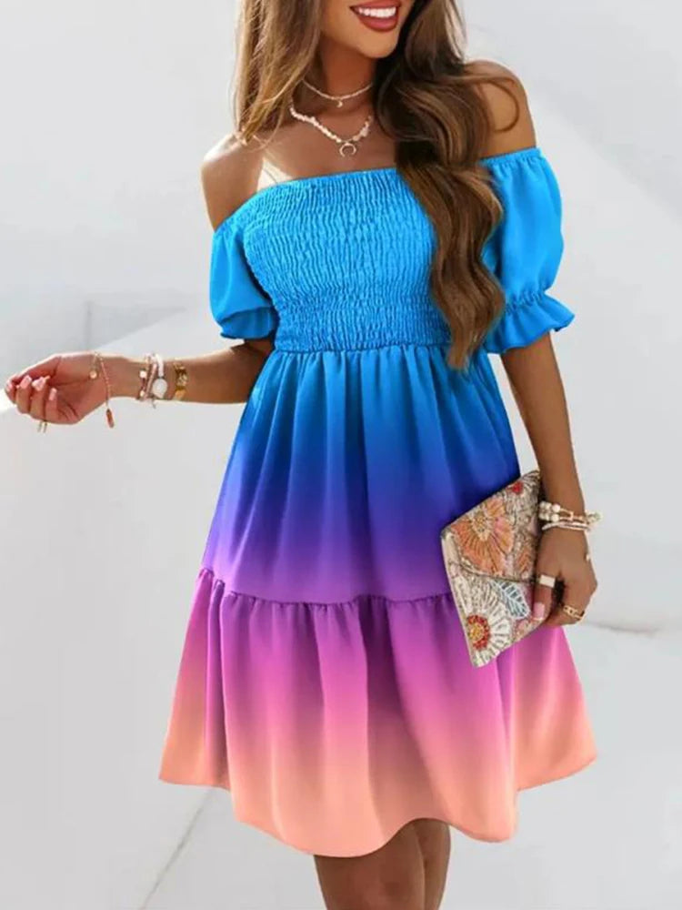 Women's Ruffle Chiffon Dress-Off-Shoulder