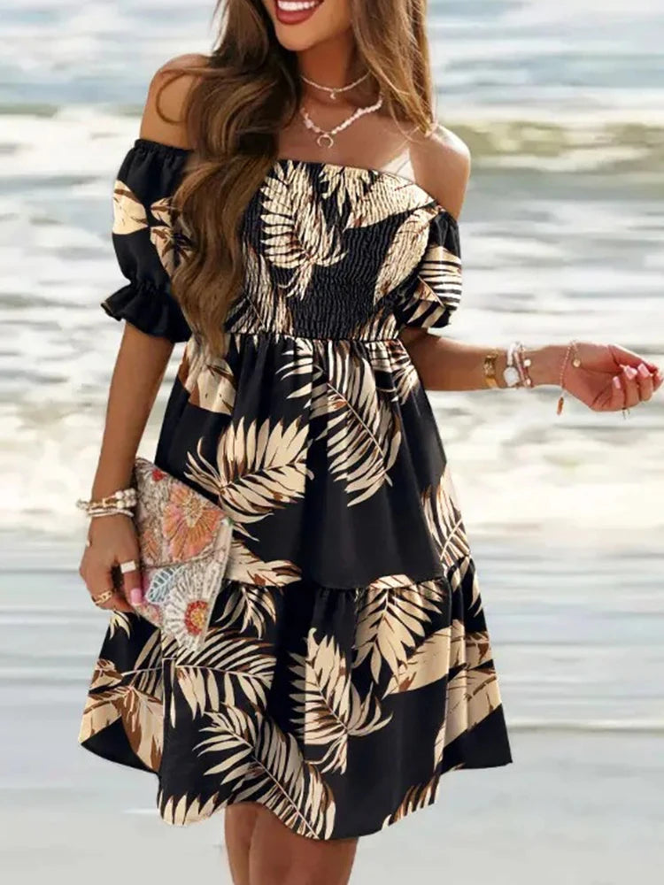 Women's Ruffle Chiffon Dress-Off-Shoulder