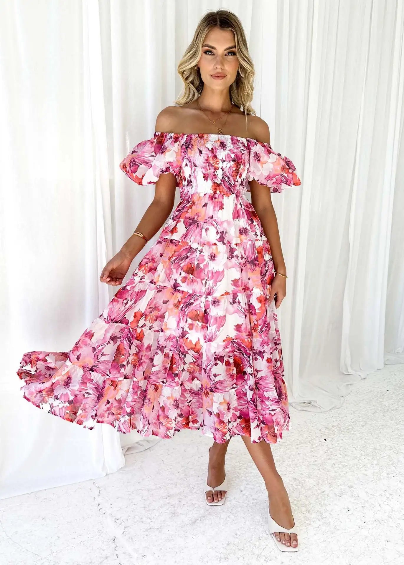 Women's Off Shoulder Puffy Sleeve Dress