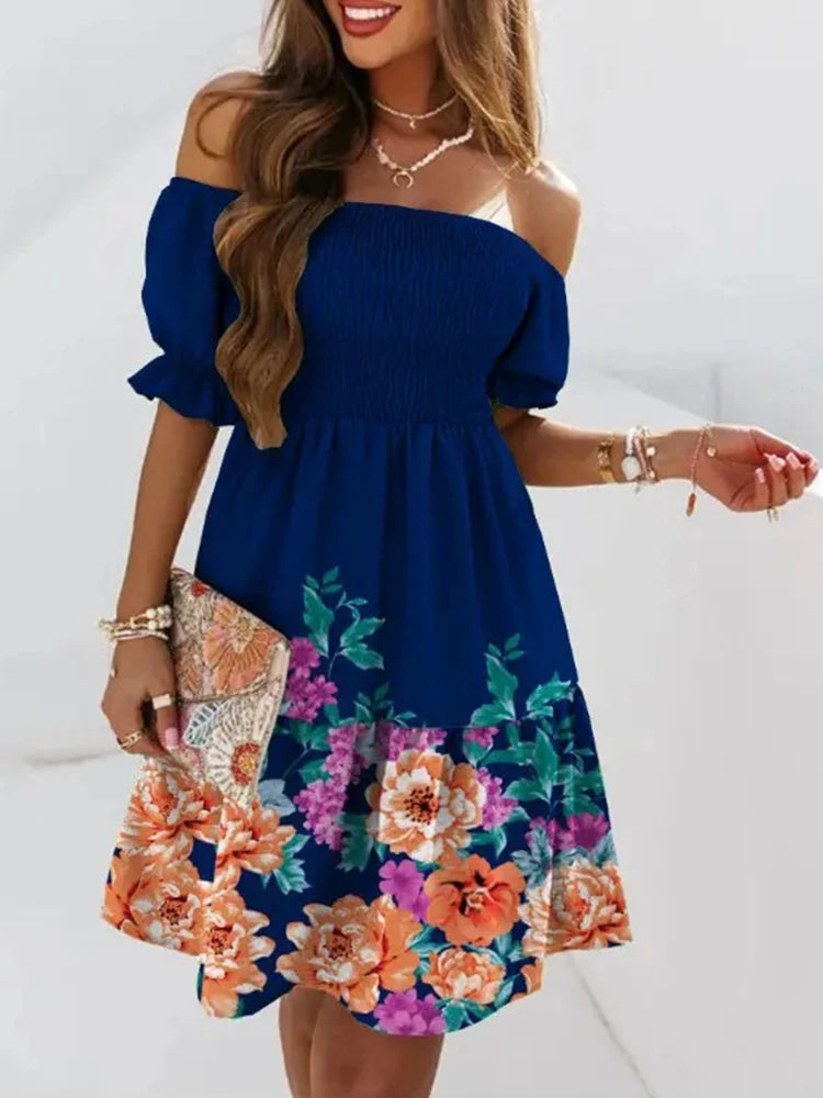 Women's Ruffle Chiffon Dress-Off-Shoulder
