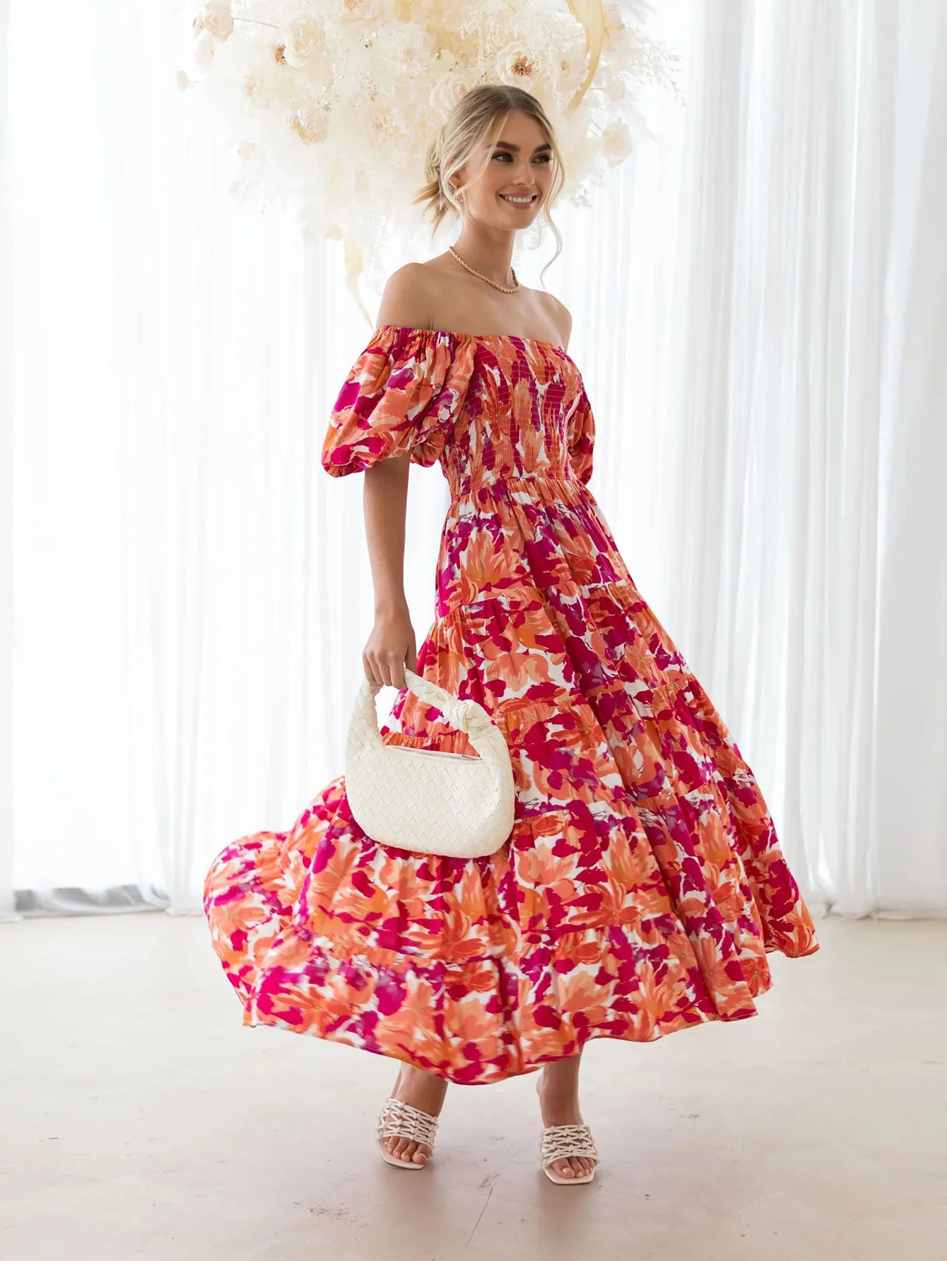 Women's Off Shoulder Puffy Sleeve Dress