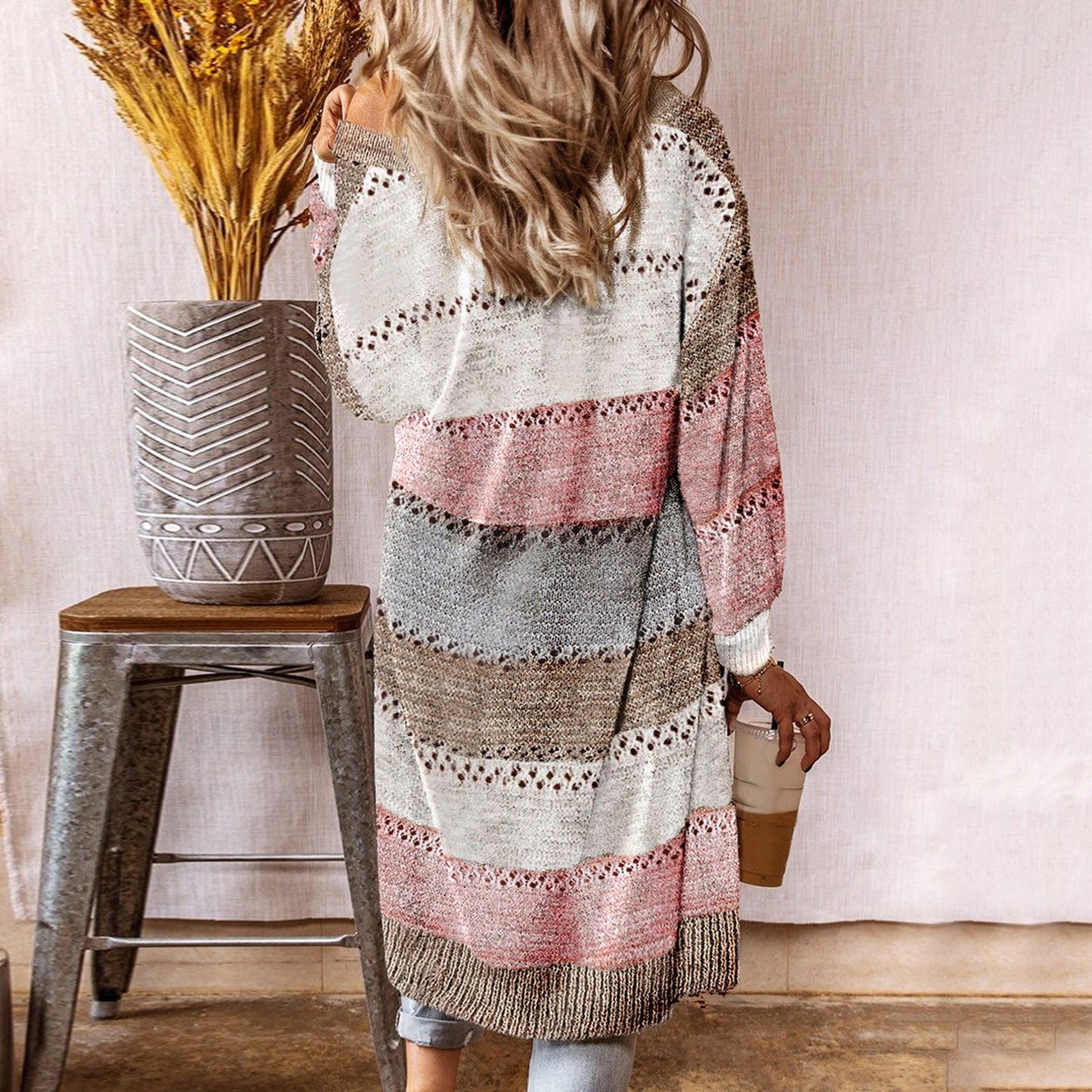 Women's Cardigan Sweater-Long Sleeve-Striped - fittedfortheoccasion