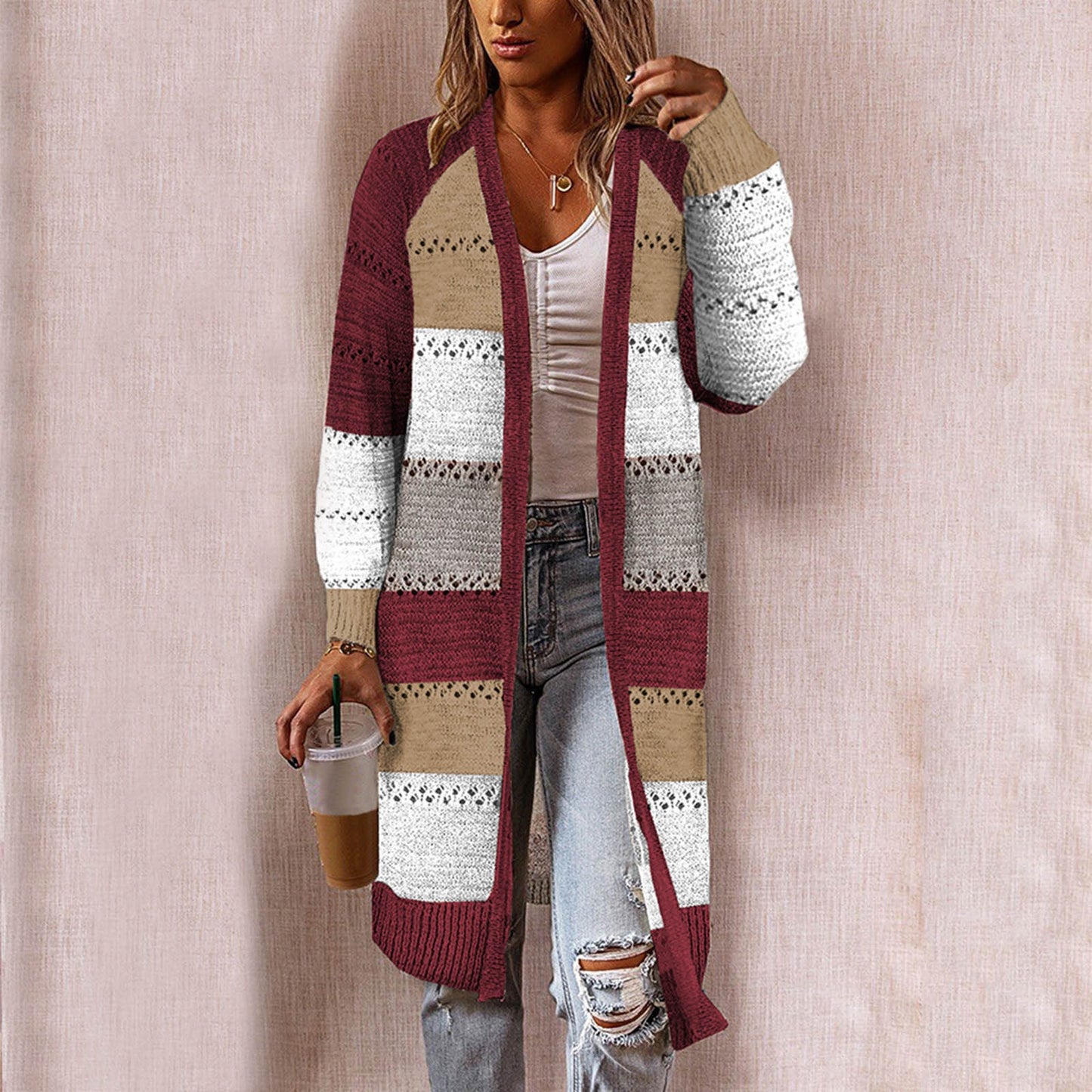 Women's Cardigan Sweater-Long Sleeve-Striped - fittedfortheoccasion
