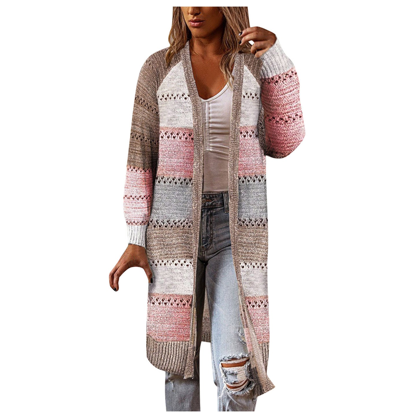 Women's Cardigan Sweater-Long Sleeve-Striped - fittedfortheoccasion