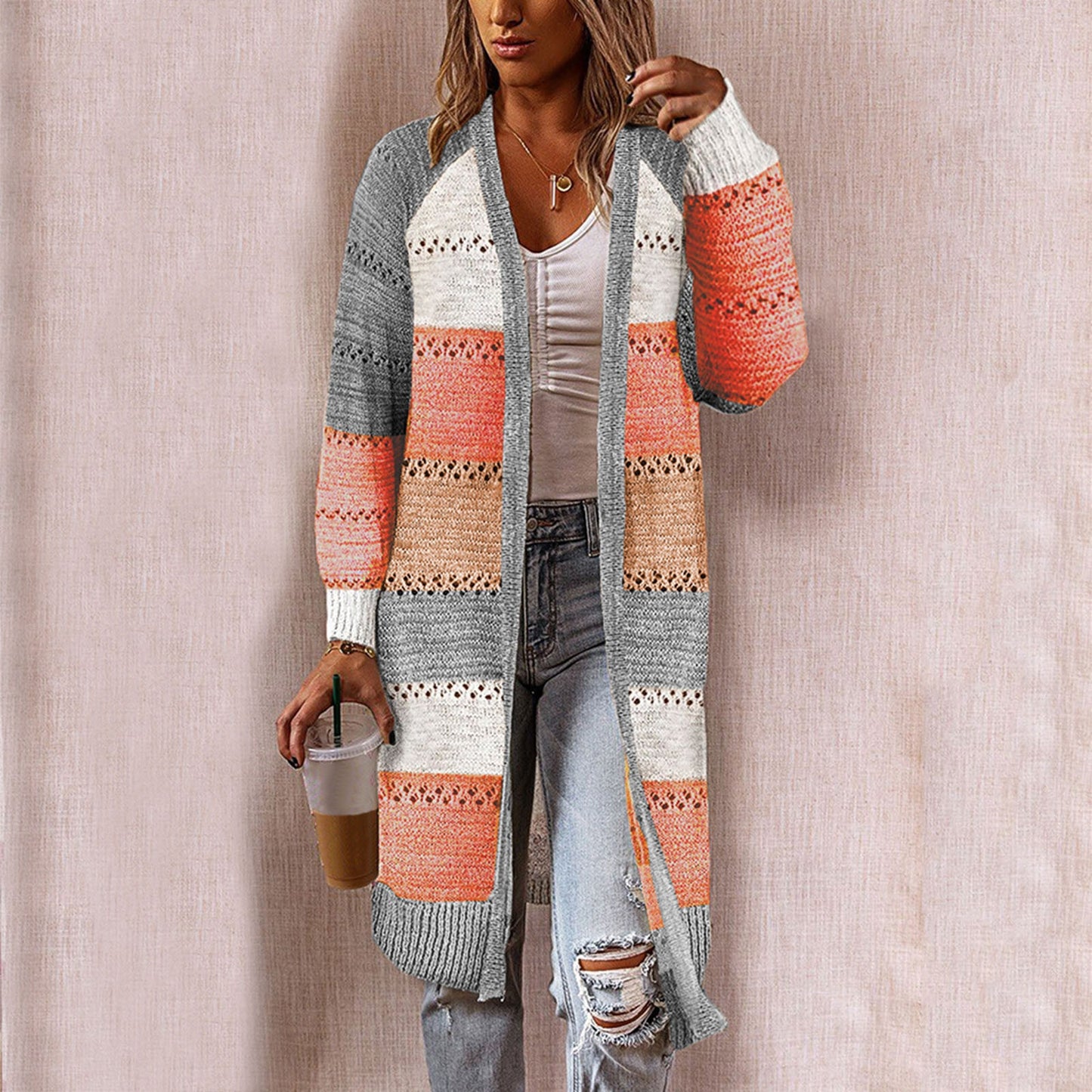 Women's Cardigan Sweater-Long Sleeve-Striped - fittedfortheoccasion