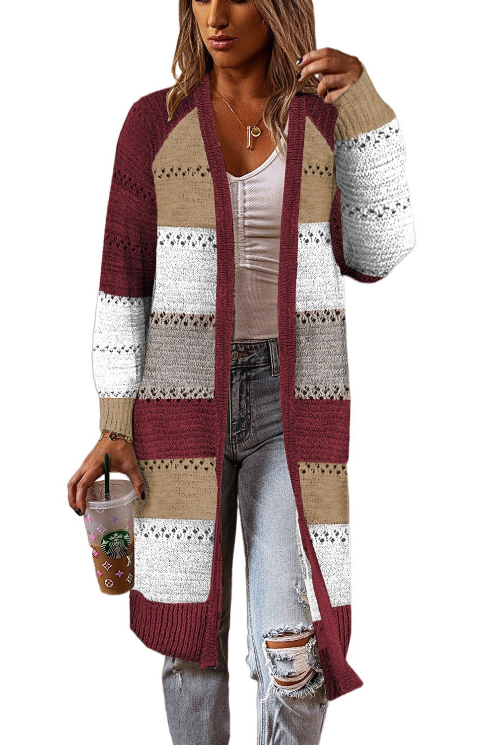 Women's Cardigan Sweater-Long Sleeve-Striped