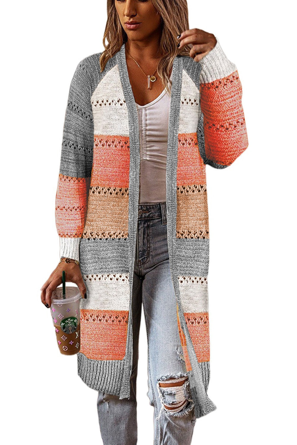 Women's Cardigan Sweater-Long Sleeve-Striped