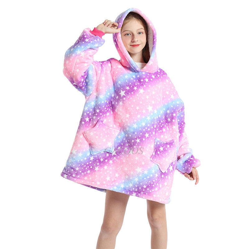 Women's/ Children's Printed Wearable Hoodie Blanket With Sleeves