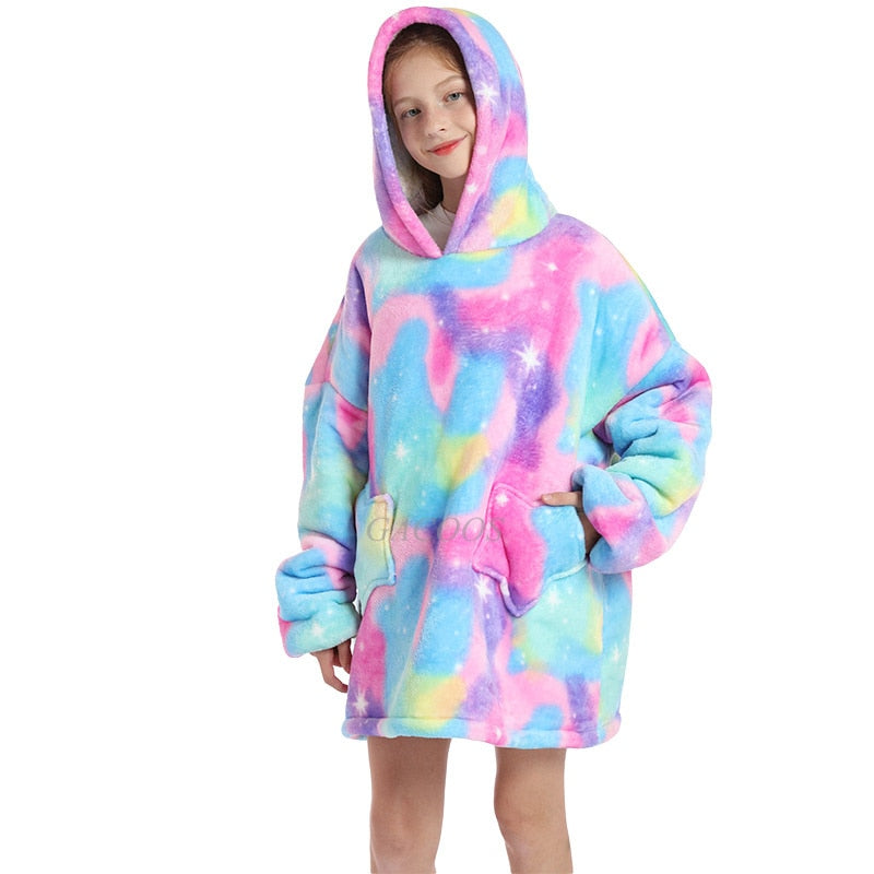 Women's/ Children's Printed Wearable Hoodie Blanket With Sleeves