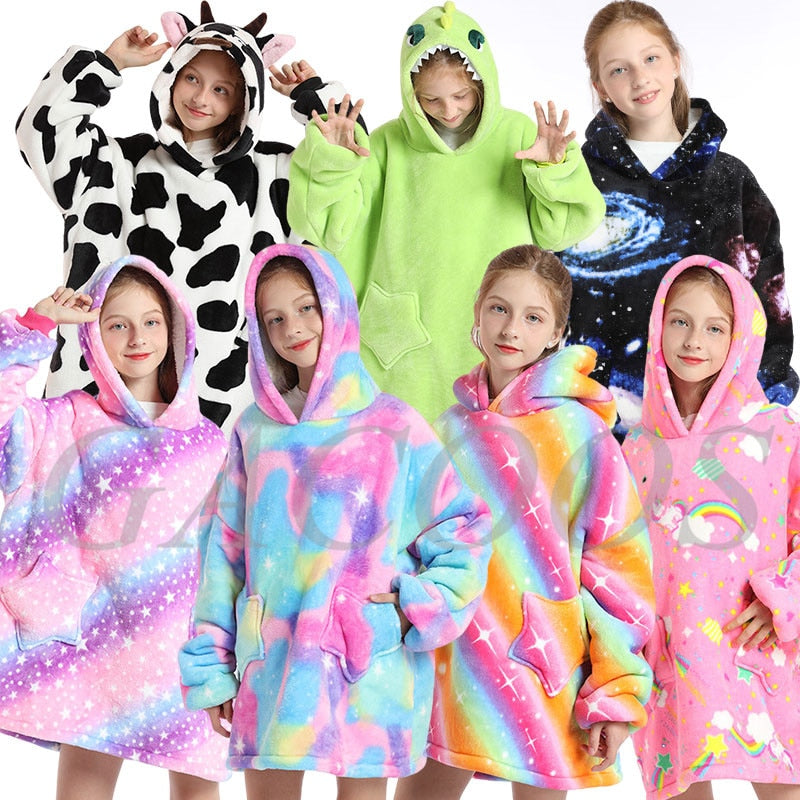 Women's/ Children's Printed Wearable Hoodie Blanket With Sleeves