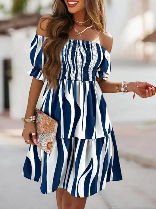 Women's Ruffle Chiffon Dress-Off-Shoulder