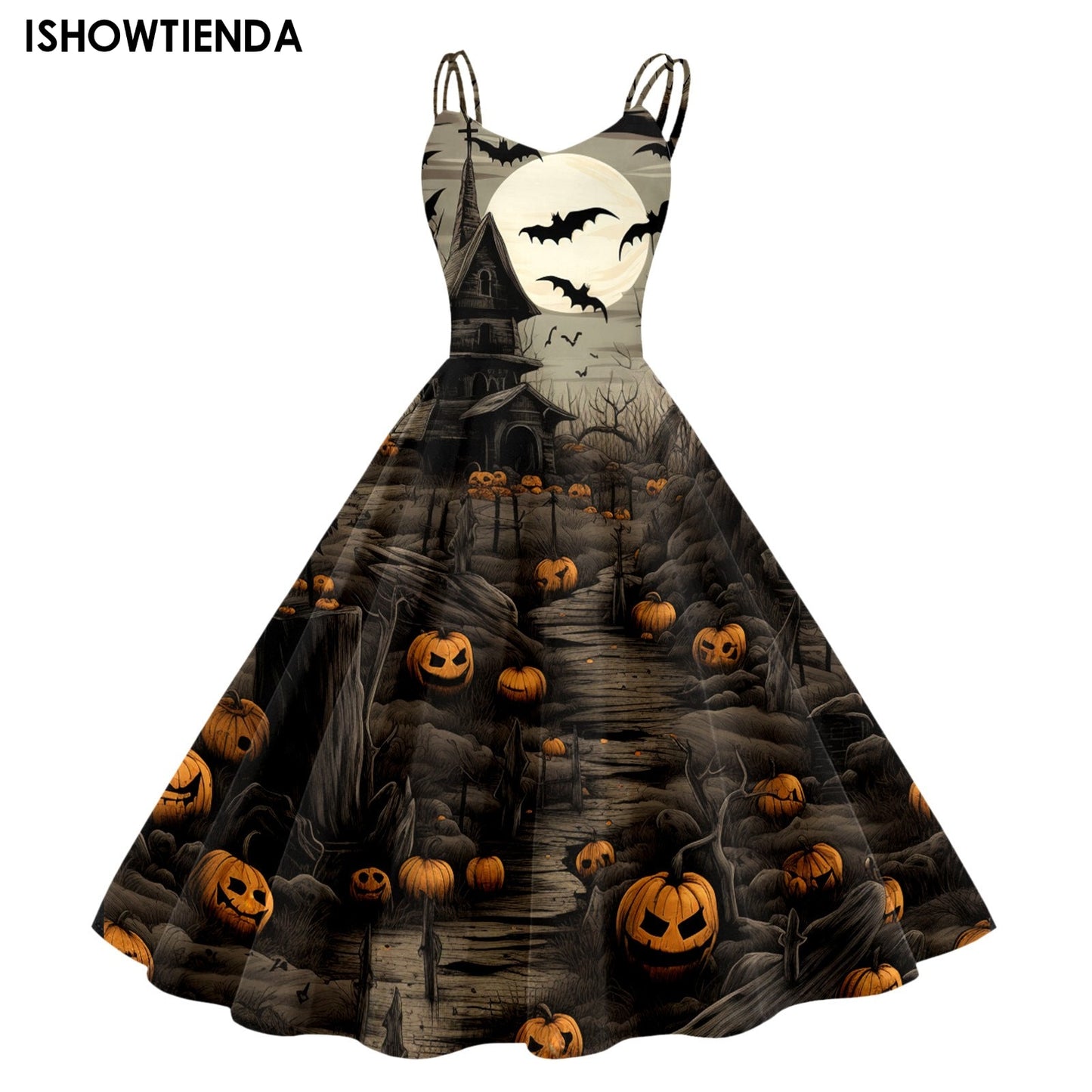 Women's Vintage Chiffon Halloween Print Sleeveless Party Dress