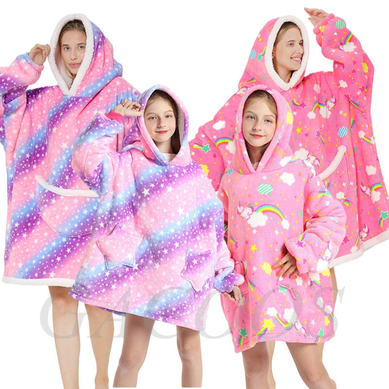 Women's/ Children's Printed Wearable Hoodie Blanket With Sleeves