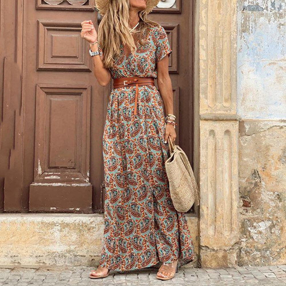 HOT SALE!! Women's Bohemian-V Neck- Short Sleeve-Paisley Print Dress with belt - fittedfortheoccasion