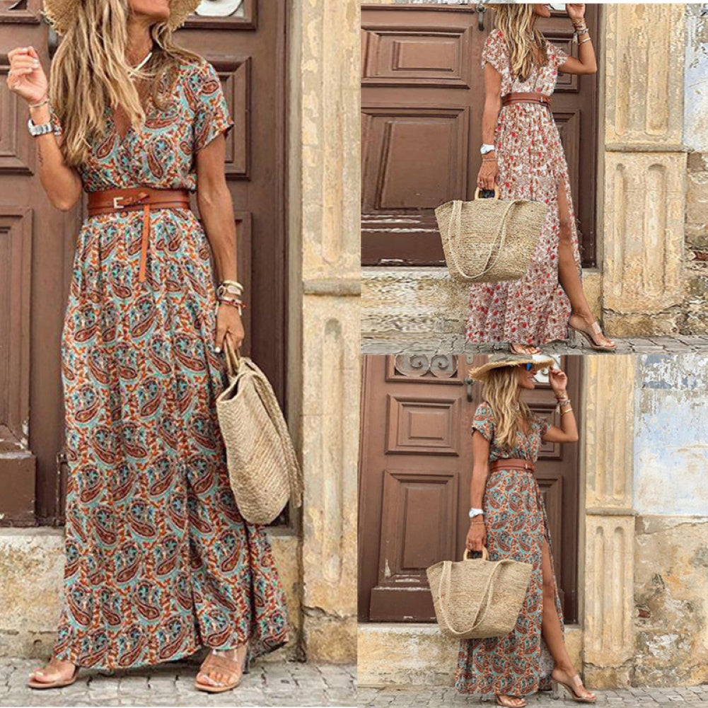 HOT SALE!! Women's Bohemian-V Neck- Short Sleeve-Paisley Print Dress with belt - fittedfortheoccasion