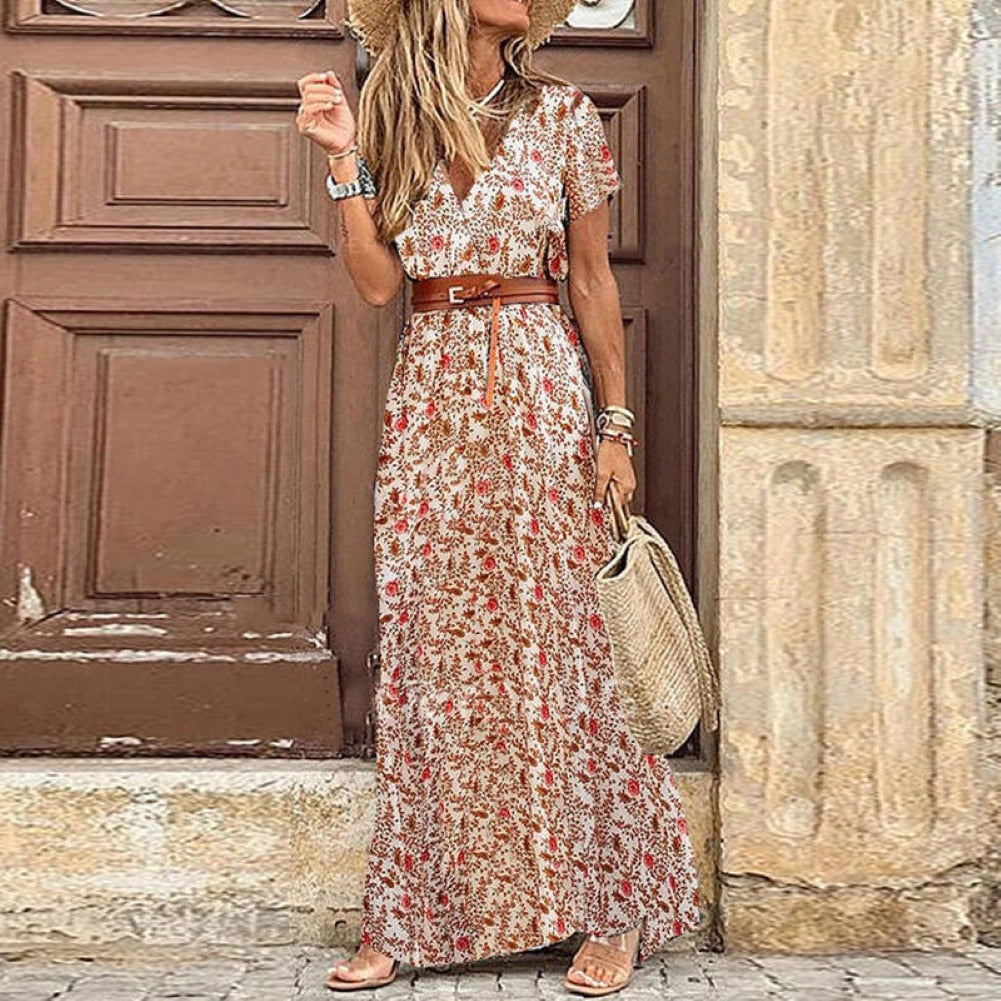 HOT SALE!! Women's Bohemian-V Neck- Short Sleeve-Paisley Print Dress with belt - fittedfortheoccasion