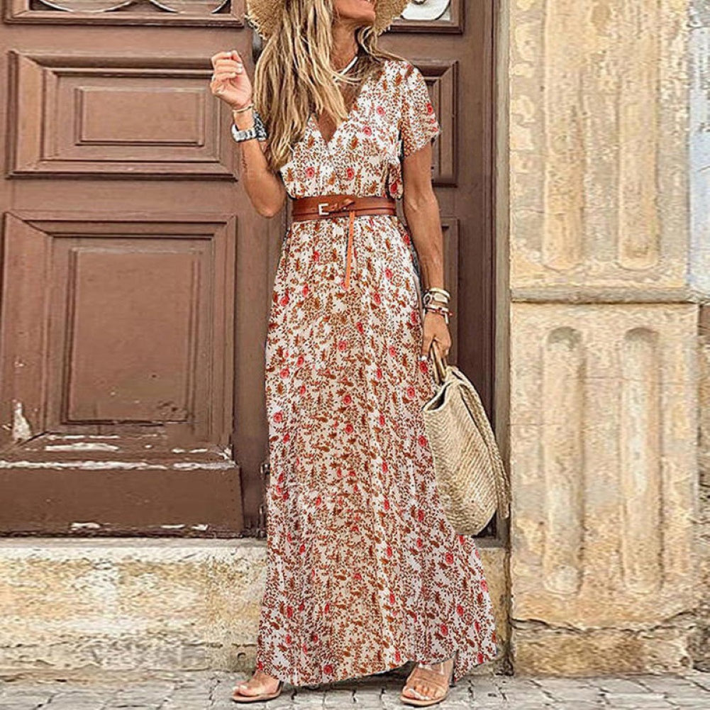 HOT SALE!! Women's Bohemian-V Neck- Short Sleeve-Paisley Print Dress with belt - fittedfortheoccasion