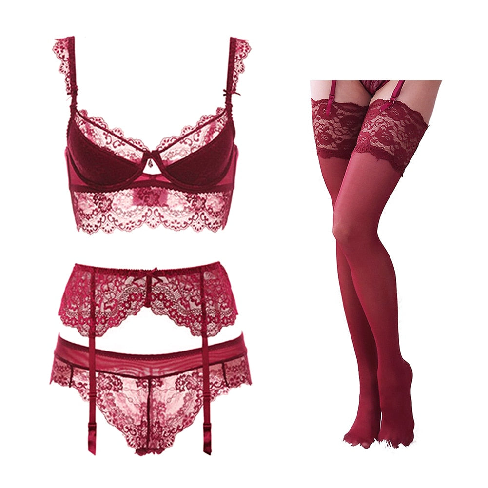 Women's lace Lingerie Set-4Pcs Set - fittedfortheoccasion