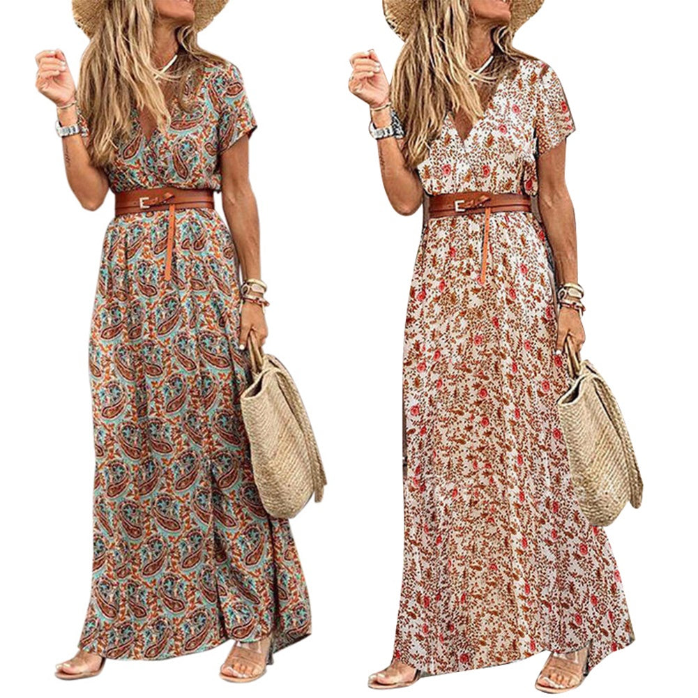 HOT SALE!! Women's Bohemian-V Neck- Short Sleeve-Paisley Print Dress with belt - fittedfortheoccasion