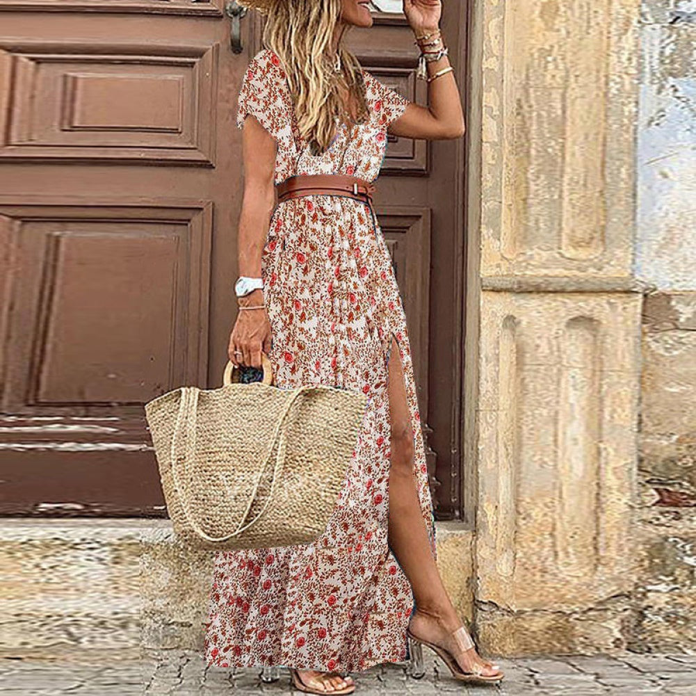 HOT SALE!! Women's Bohemian-V Neck- Short Sleeve-Paisley Print Dress with belt - fittedfortheoccasion