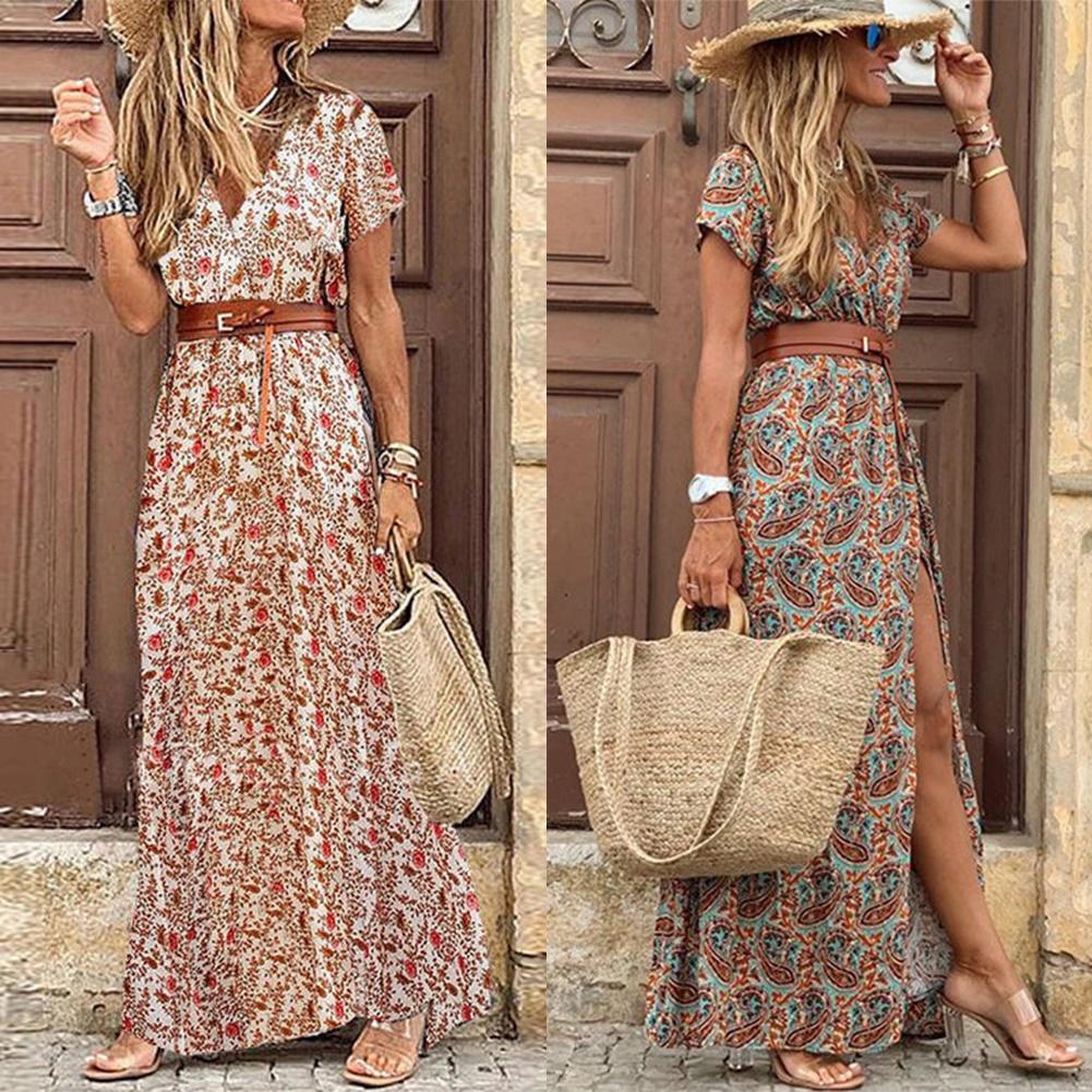 HOT SALE!! Women's Bohemian-V Neck- Short Sleeve-Paisley Print Dress with belt - fittedfortheoccasion