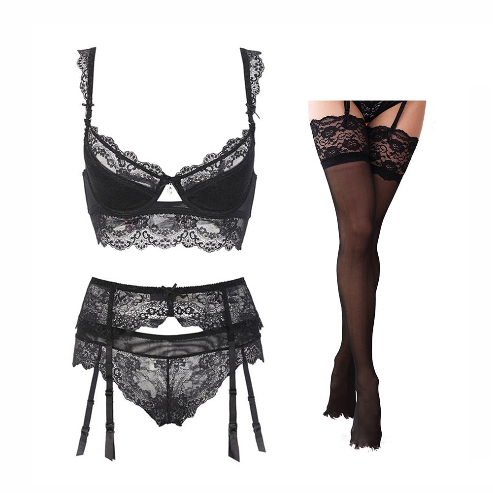 Women's lace Lingerie Set-4Pcs Set - fittedfortheoccasion